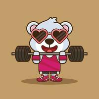 Physical exercise, Adorable Bear lifting Barbell. Gym Workout Cartoon Vector Icon Illustration