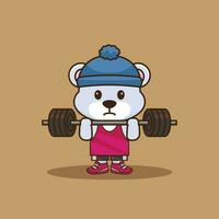 Cute mascot, Mascot logo Bear lifting Barbell. Gym Workout Icon, cute sticker, cartoon style vector