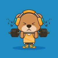 Physical exercise, Cute Bear animal lifting Barbell. Cute sticker, Gym Workout mascot, cartoon style vector