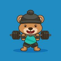 físico ejercicio, linda dibujos animados oso levantamiento un barra con pesas. linda oso ejercicio. gimnasio mascota dibujos animados estilo vector