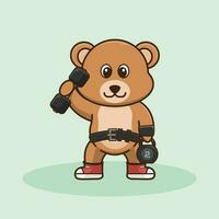 Bear animal lifting Barbell and kettlebell. Gym Workout Icon, cute sticker, cartoon style. vector