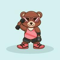 Cute Bear animal lifting Barbell and kettlebell. Cute sticker, Gym Workout mascot, cartoon style. vector