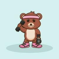 Cute Bear animal lifting Barbell and kettlebell. Gym Workout mascot, cute sticker, cartoon style. vector