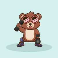 Cute Bear lifting Barbell and kettlebell. Gym Workout mascot logo, cute sticker, cartoon style. vector