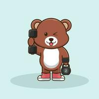 Cute Bear lifting Barbell and kettlebell. Gym Workout Mascot Cartoon Vector Icon Illustration.