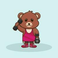 Cute Bear animal lifting Barbell and kettlebell. Gym Workout Cartoon Vector Icon Illustration.