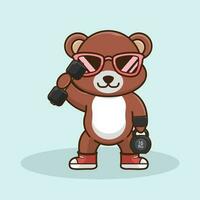 linda oso levantamiento barra con pesas y pesas rusas gimnasio rutina de ejercicio icono, mascota logo, linda pegatina, dibujos animados estilo vector