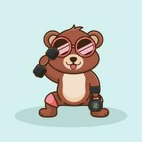 Cute Bear lifting Barbell and kettlebell. Cute sticker, Gym Workout icon, cartoon style. vector