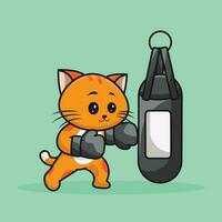 Cute mascot, Cute cat boxer wearing boxing gloves hitting the punching bag training, exercise in the gym. Cute sticker, Gym Workout icon, cartoon style vector