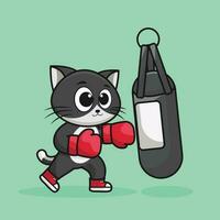 Adorable Cat boxer wearing boxing gloves hitting the punching bag training, exercise in the gym. Cute sticker, Gym Workout icon, cartoon style vector