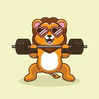 Cute Cartoon Lion lifting a kettlebell. Cute Lion workout cartoon style. Flat Cartoon Style vector