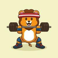 Cute Cartoon Lion lifting kettlebell vector illustration.Cartoon Vector Workout Mascot Logo.