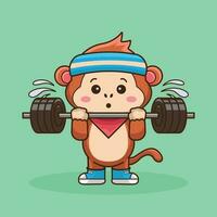 Cute Monkey lifting Barbell vector flat illustration. Cartoon mascot, Monkey Gym workout, cartoon style