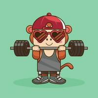 Cartoon Monkey lifting Barbell vector flat illustration. Gym Cartoon Vector Icon Illustration