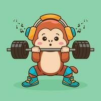 Cute Cartoon Monkey lifting Barbell vector flat illustration. Cartoon mascot Vector Icon Illustration