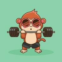 Adorable Monkey lifting Barbell vector illustration. Gym Workout Icon, cute sticker, cartoon style