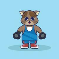 cute cartoon brown cat wearing blue uniform holding barbell vector