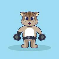 cartoon brown cat wearing blue uniform holding barbell vector