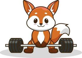 Cartoon Fox lifting Barbell vector flat illustration. Gym Cartoon Vector Icon Illustration.