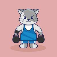 Adorable Cartoon cat Flexing Muscles with a Kettlebells vector