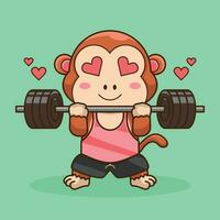 Adorable Monkey lifting Barbell vector illustration. Gym Workout mascot, cute sticker, cartoon style