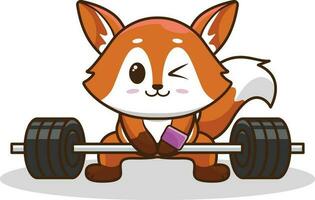 Adorable Fox lifting Barbell vector illustration. Gym Workout Icon, cute sticker, cartoon style.