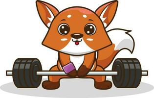 Adorable Fox lifting Barbell vector illustration. Gym Workout mascot, cute sticker, cartoon style.