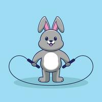 Cute Cartoon Rabbit Jumping Rope. Cute Rabbit workout cartoon style. Flat Cartoon Style vector