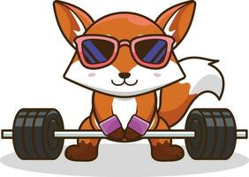 Cute Cartoon Fox lifting a Barbell. Animal Sport Icon, cartoon gym mascot, cute animal sticker. vector