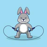 Cute Rabbit Jumping Rope vector flat illustration. Cartoon Rabbit workout cartoon style.