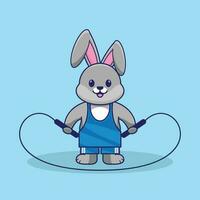 Cute Rabbit Jumping Rope vector flat illustration. Cute Rabbit workout cartoon style.