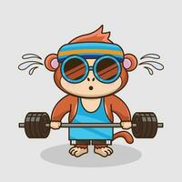 linda mascota, linda dibujos animados mono levantamiento barra con pesas. linda dibujos animados vector gimnasio rutina de ejercicio mascota logo