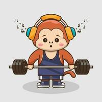 Cute mascot, Cartoon Monkey lifting Barbell. Workout Icon Concept Isolated Premium Vector