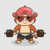 Cute mascot, Adorable Monkey lifting Barbell. Gym Workout mascot, cute sticker, cartoon style vector