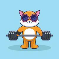 cute shiba inu wearing cool sunglasses and lifting barbell in cartoon style vector