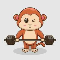 Cute mascot, Cute Monkey lifting Barbell. Gym Workout mascot logo, cute sticker, cartoon style vector