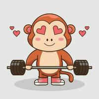 físico ejercicio, dibujos animados mono levantamiento barra con pesas. dibujos animados vector gimnasio ejercicio, icono, mascota logo