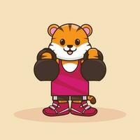 Funny Tiger Gym Cartoon Vector Icon Illustration. Flat Cartoon Style Suitable for Landing Web Pages, Banners, Flyers, Stickers, Cards