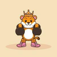 Cute Tiger Gym Cartoon Vector Icon Illustration.  Animal mascot logo Concept Isolated Premium Vector. Flat Cartoon Style