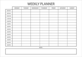 Minimalist Weekly planner template. Clear and simple printable Weekly Planner. Blank white notebook page isolated. Business organizer page. Paper sheet. Realistic vector illustration