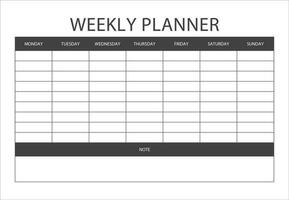Clear and simple printable weekly planner, Minimalist Weekly Schedule template. to do list, notes. Blank white notebook page isolated. Business organizer page. Paper sheet. vector illustration