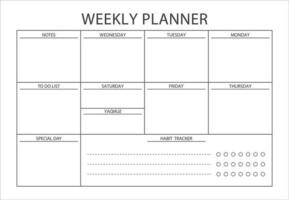 Minimalist Weekly Schedule template. Clear and simple printable weekly planner, to do list, notes. Blank white notebook page isolated. Business organizer page. Paper sheet. vector illustration