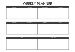 Clear and simple printable Weekly Planner, Minimalist Vector Weekly planner template. Weekly Schedule, Weekly Agenda, Weekly Overview, Weekly Organizer. Business organizer page vector illustration