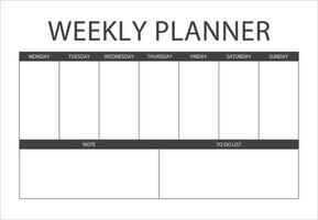 Clear and simple printable weekly planner, Minimalist Weekly organizer template. to do list, notes. Blank white notebook page isolated. Business organizer page. Paper sheet. vector illustration
