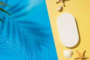 Mock up podium or pedestal flat lay with blue water waves. Hot summer scene for your product top view photo