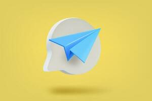 Speech bubble with blue airplane. Send message concept. 3d vector illustration