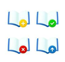 Open book set with different pictograms. 3d vector icons set