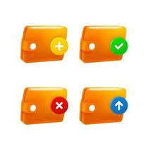 Leather wallet icon set with different pictograms. 3d vector icons set