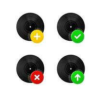 Vinyl disk icons set with different pictograms. 3d vector icons set