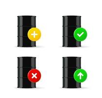 Black oil barrel icons set with different pictograms. 3d vector icons set